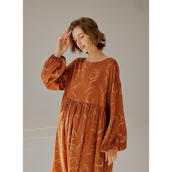 NAP Abstract Maxi Dress Empire Waist Long Sleeves Rust, Size L NWT - Picture 2 of 16